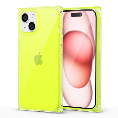 LoeoeL for iPhone 15 Clear Case Rectangle Edge, Slim Thin Transparent Girly Y2k Cute Designer Phone Case for Women, Trendy Aesthetic Design Soft TPU Silicone Rubber Cover, Bright Neon Green