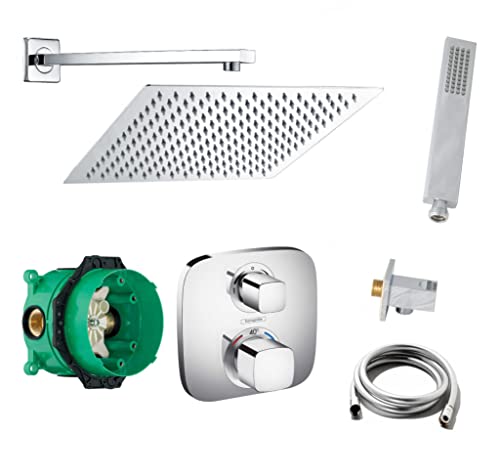vanvilla Duschset mit Unterputz Armatur Hansgrohe Thermostat Ecostat E und vanvilla Regenduschkopf eckig, Dusch-SET HG13. poliert