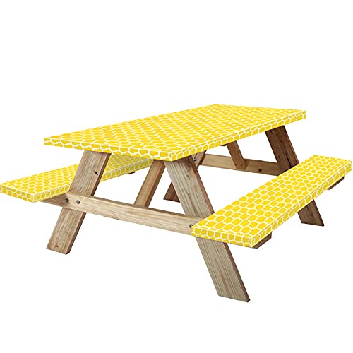 KENOBEE 6ft Picnic Table and Bench Cover, Camping Essentials RV Gear, 72in Waterproof Windproof Outdoor Elastic All Around Tablecloth, Fitted Rectangle Tables and Seats, Yellow-White Moroccan