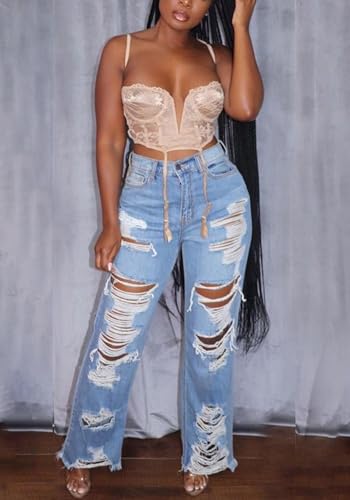 SHINFY Women's Ripped Jeans Distressed Cutout High Waisted Baggy Straight Wide Leg Y2K Denim Pants3