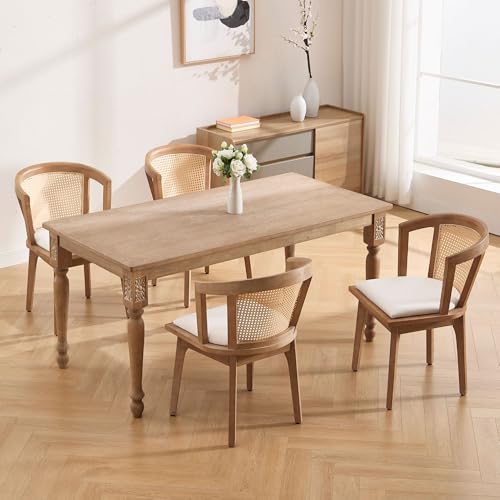 Image of BESTANO Rattan Dining Chairs Set of 4, Mid Century Modern Farmhouse Wood Dining Room Chairs, Upholstered Comfortable Kitchen Dining Side Chair with Cane Woven Back, Beige Linen
