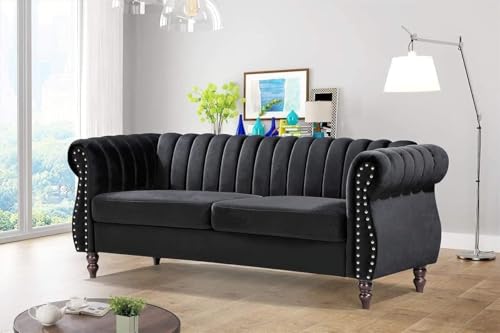 Image of Modern & Classic Chesterfield Sofa 5 Seater Sofa Velvet L-Shape Corner Sectional Button Tufted Sofa for Living Room, Dining Room, Office and Hallway-(Black).