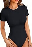 VICHYIE Damen Y2K Kurzarm Bodysuit Sommer Rundhalsausschnitt Sexy Elegant Shapewear Basic Oberteil für Festival Looks,Schwarz,M