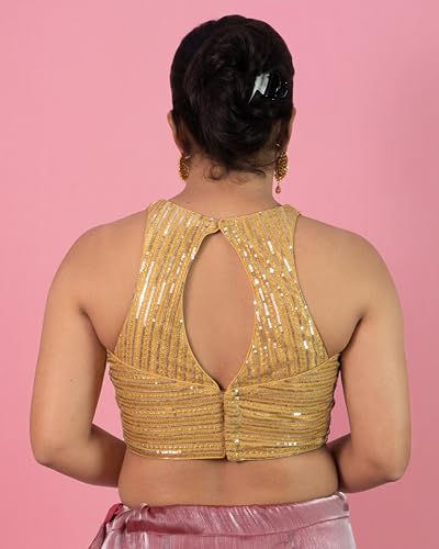 FIGURE'S DESIGNER Women's Sequin Embroidered Round Halter Neck Sleeveless Readymade Saree Blouse E22