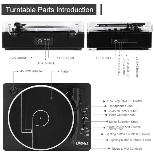 LP&No.1 Record Player with Built-in Stereo Speakers, LED Control, 3-Speed Belt-Drive Vinyl Turntable with USB Playback & Recording, Wireless Input & Output, Auto Stop, Pitch Control | Black - Thumbnail 6