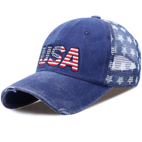 Image of USA American Flag Hat for Men Women Patriotic Fourth of July Baseball Cap Adjustable Navy Blue