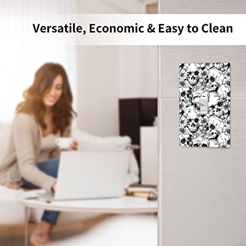 Black White Skull Floral Light Switch Cover 1 Gang Decorative Wall Plate Single Toggle Switch Plate For Bedroom Bathroom Kitchen Living Room Home Decor Standard Size 4.50" X 2.76" #TOP5