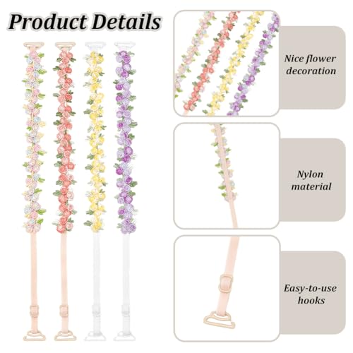 FREEBLOSS 4 Pairs Decorative Floral Bra Straps Removable Invisible Bra Strap Replacement Adjustable Floral Decorative Straps3