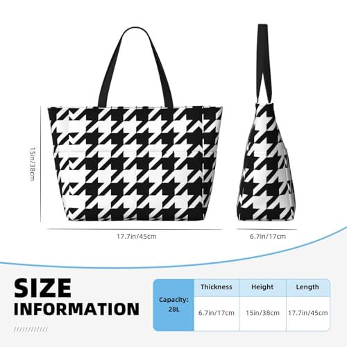 Houndstooth Black Print Roomy Beach Tote Bag For Women, Large Travel Bag For Weekend Travel,Pool4