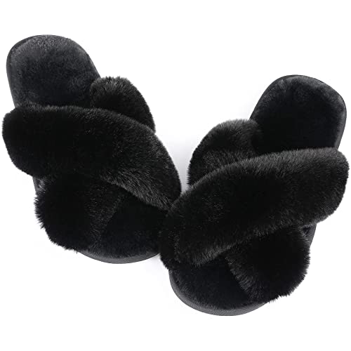 Women Black Fuzzy Fluffy Slippers - Ankis Soft Cozy Plush Fuzzy Slippers Memory Foam Slipper Fluffy Furry Open Toe Fuzzy Slippers Bedroom Comfy Cross Band Slippers for Womens House Indoor Size 5 - 6