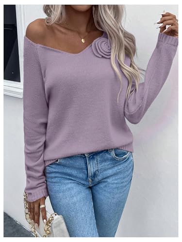 MakeMeChic Women's 3D Flower V Neck Long Sleeve Sweater Knitted Pullover Top4