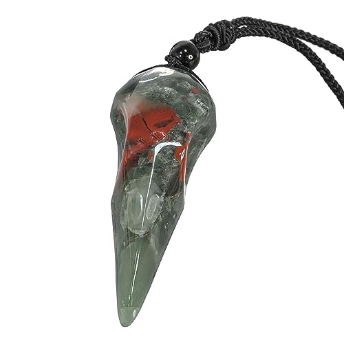 TUMBEELLUWA Carved Raven Skull Pendant Necklace for Men Women Healing Crystal Stone Amulet Crow Bird Head Jewelry with Adjustable Cord, Africa Bloodstone