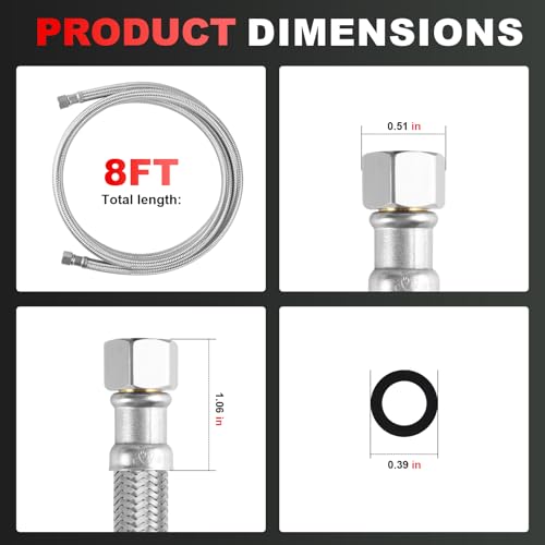 Image of Refrigerator Water Line 8ft inchby inchStainless Steel Braided | Ice Maker Hose Burst Proof Water Supply Line,Food grade PVC Inner Tube Fit to ALL Refrigerator Ice Maker