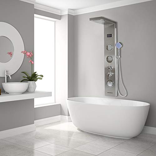 Colonne de Douche,Panneau de Douche Carré Multifonction Acier Inox 304 Mitigeur Douche Salle de Bain avec Écran LCD Affichage de La Température et Lumières LED,5 Modes D’eau, 6.5 * 20 * 123.5cm