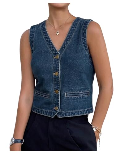 WDIRARA Women's Denim Vest Sleeveless Button Down V Neck Jean Waistcoat Crop Top