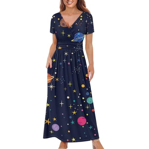 Image of Women's Fall Summer Short Sleeve Ankle Length V-Neck Party Dress with Pockets Size S-3XL