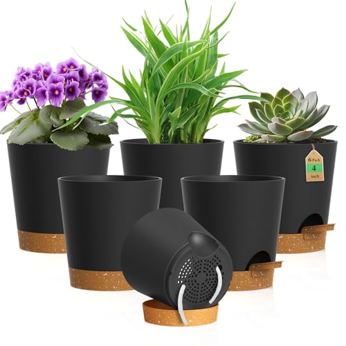 WSMKSZ 4 inch Self Watering Pots for Indoor Outdoor Plants, 6 Pack Plastic Flower Planters with Drainage Holes and Removable Saucers, Plant Pots with Wicking Rope, Modern Decor, Black Brown