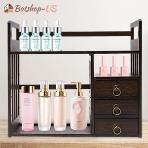 Miniatura 2 de Gdrasuya10 Estantería de escritorio con 3 cajones de bambú de 2 niveles, estantes de escritorio de oficina de escritorio, contenedor de