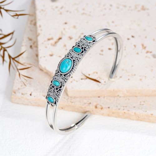 Genuine Turquoise Bracelet Bangle 925 Sterling Silver Turquoise Gemstones Boho Vintage Southwest Style Bracelet for Women Adjustable Bangle Cuff Jewelry for Birthday2