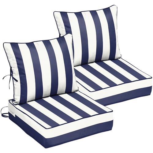 Image of 22x24 Outdoor Chair Cushions Set of 2, Waterproof Deep Seat Cushions for Patio Furniture with Removable Cover, Fade Resistant 4'' Outdoor Seat Cushion w /Ties&Handle for Sofa Loveseat,Blue Stripes