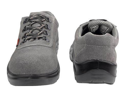 Image of Karam FS64 Suede Grey Leather Safety Shoes for Men | Double Density, Steel Toe | Black PU Mid Sole,|Antistatic, Antislip, Oil & Heat Resistant | Grey