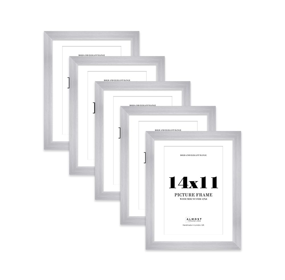 14x11" Silver Frame With Mount for 12x8" Pictures 28mm Edge Portrait and Landscape Display with Wall Hooks and Kickstand, 5 Pack