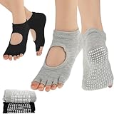 Grevosea 2 Pairs Pilates Socks with Grips for Women Non Slip Yoga Socks Toeless Socks for Yoga Pilates Barre Ballet Dance (black+gray)