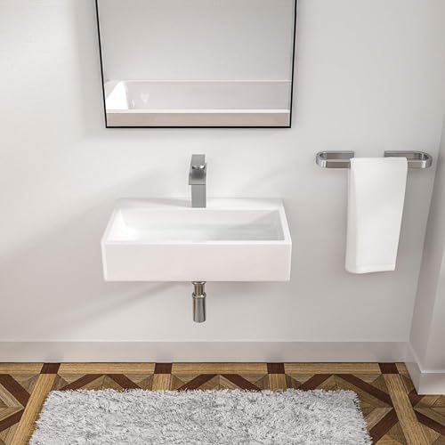Logmey 20 In Wall Mount Bathroom Vessel Sink - Rectangle 20"x14" Inch Bathroom Vessel Sink Floating White Porcelain Ceramic Vessel Vanity Sinks Rectangle Art Basin