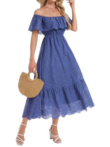 Women's Summer Midi Dress High Waist Off Shoulder Ruffle Short Sleeve Hollow Out A Line Casual Long Dress 2025