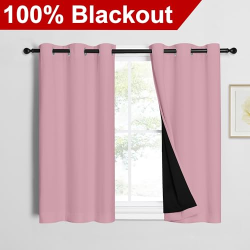 Image of NICETOWN 100% Blackout Short Curtains with Black Liners, 2 Panels, 37 inch W by 40 inch L, Crystal Pink, Thermal Insulated Full Blackout 2-Layer Lined Drapes, Energy Efficiency Window Draperies for Bedroom