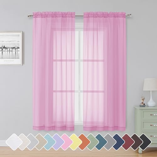 Image of Simplebrand Pink Sheer Curtains 63 Inch Length 2 Panels, Rod Pocket Solid Color Window Sheer Curtain Panels, Elegant Curtains & Drapes for Living Room, Bedroom 2 Panels (42 inch W x 63 inch L)