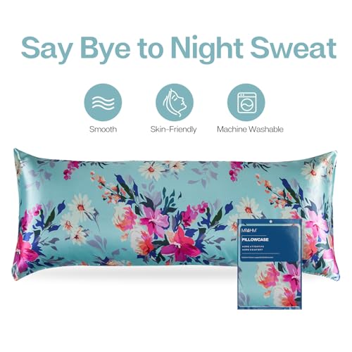 Image of MR&HM Satin Body Pillow Cover, Soft and Breathable Body Pillow Case with Envelope Closure, Cooling and Silky Long Pillowcase for Hair and Skin,Grey (20x54, Vintage Floral)
