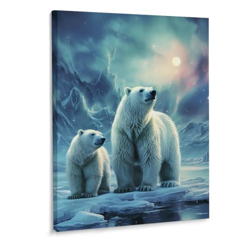 Toile ours polaire et aurore boréale : poésie murale de 40x30
