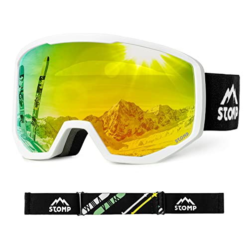Stomp Ski/Snowboarding Goggles 100% Uv400 Protection Replaceable Lens/Straps Goggle For Men, Women & Youth (White Frame/Gold Lens Vlt 10%) #TOP1