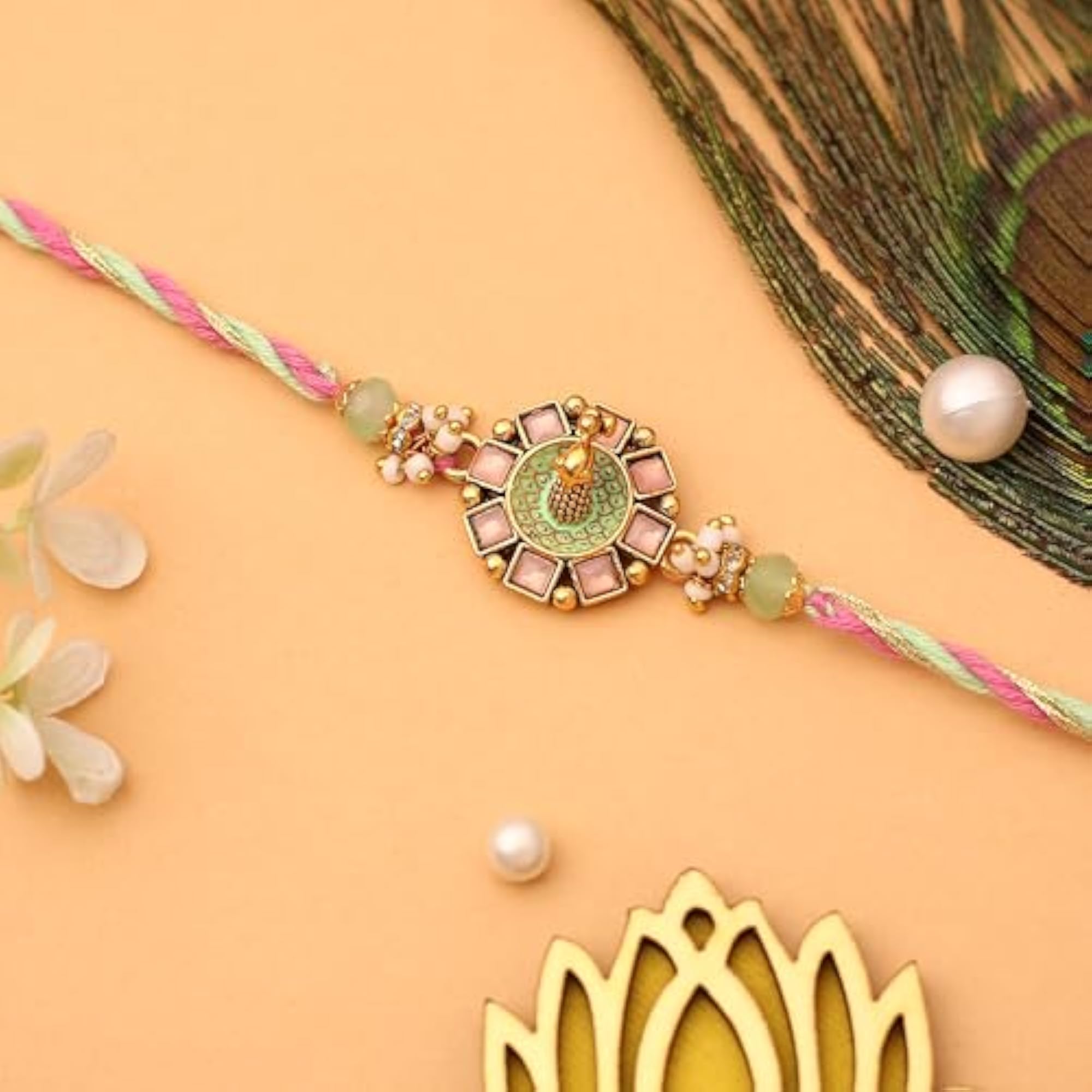 Golden Peacock Kundan Rakhi for Brother, Pack of 2