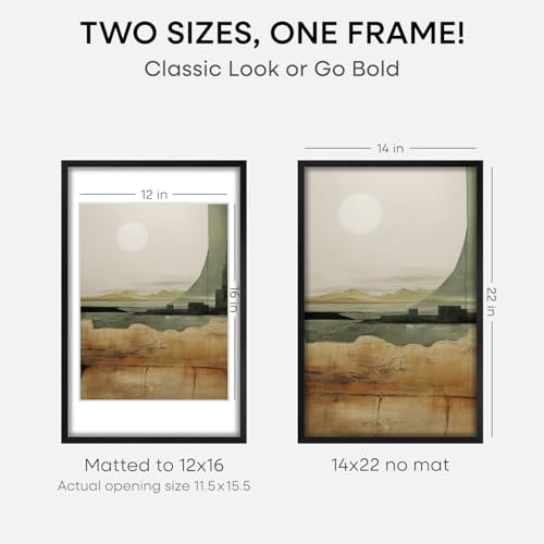 Image of Homeforia 14x22 Frame Black Wood, High End Oak 14x22 Picture Frames with Mat 12x16 Photo, 14 x 22 Wooden Poster Frame Matted to 12 by 16 Print, 22x14 Hanging Frames, Tempered Glass, Wall Kit, Set of 2