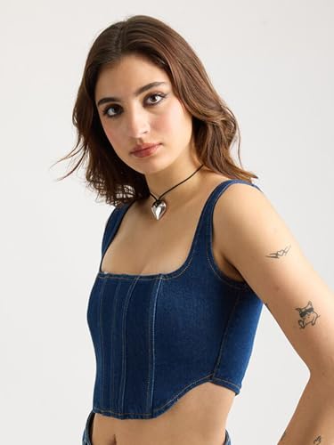Image of Shasmi Girl's and Women's Blue Denim Crop Top, Square Neck, Sleeveless Corset Style Women Western Cotton Denim Bustier Vest Crop Top | Bralette Blouse | Sleeveless (Denim Top 158)