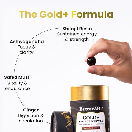 Image of Better Alt Gold+ Shilajit Gummies | With Ashwagandha, Safed Musli,Shilajit Resin & Ginger |Helps Boost Energy & Improves Stamina |1-Month Dietary Supplement|60 Gummies