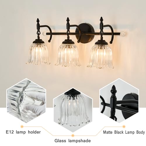 Image of CVKASH 3-Light Bathroom Vanity Light Fixtures Over Mirror,Black Modern Vanity Light with Glass Shade Vintage Wall Sconce for Bedroom Dressing Room Living Room Hallway Cabinet