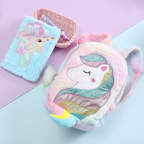 Image of Backpack- Cute Plush Unicorn Furry Furr Toddler Small Backpack /Princess Cute Small Bags for Nursery, Soft Lightweight Travel Bags for Girls | Little Plush Unicorn Theme Bag ||