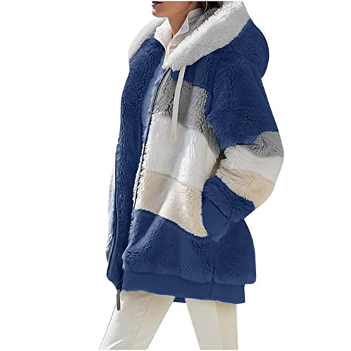 Women Double Sided Fleece Jacket Color Block Fuzzy Warm Winter Outerwear Oversized Zip Up Sherpa Coat with Pockets2
