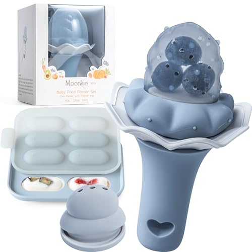 Moonkie Fruchtsauger Baby mit Gefrierschrank Tablett, BPA-Frei Silikon Fruchtschnuller mit Zwei Größen Beutel, 4 Monate+ Zahnungshilfe, Geschenk zur Babyparty, 1 Stück(Marineblau)