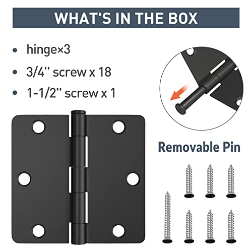 Hosom 3 Pack Matte Black Door Hinges 3.5 Inch With 1/4 Radius, Fit Standard Door #TOP2