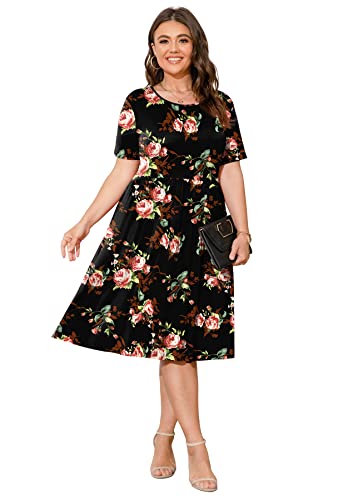 Image of POSESHE Womens Plus Size Summer Dress 2026 Casual Short Sleeve Empire Waist Loose Fit Swing T-Shirt Dress with Pockets
