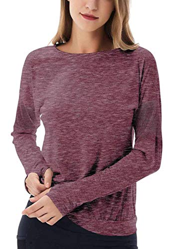 Yucharmyi Women's Long Sleeve Shirts Mesh Yoga Tops Workout Shirts Gym Sports T-Shirt with Thumb Hole Yoga Tanks Workout Clothes for Women Yoga Shirts Activewear Quick Dry Tops(Red,S)