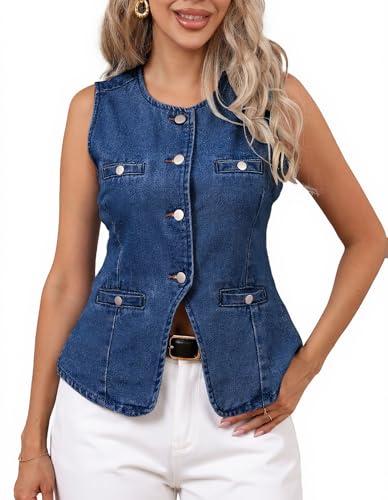 Ladyful Denim Vest Top for Women Jean Vest Sleeveless Button Down Summer Tops Crew Neck Western Waistcoat with Pockets