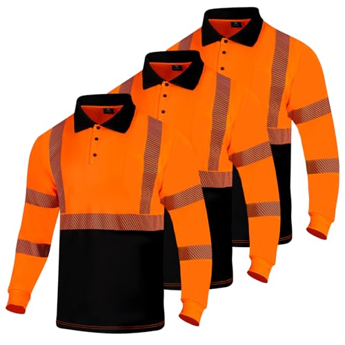VENDACE 3 Pcs Hi Vis Safety Reflective Long Sleeve Polo Shirts for Men ANSI Class 3 High Visibility Construction Work Shirts