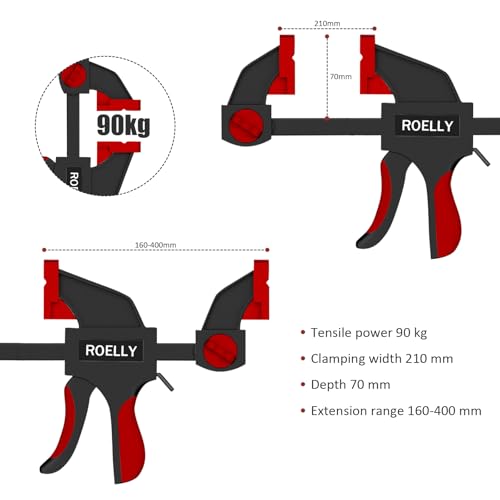 ROELLY 2-Teiliger Einhandzwinge, Zwingen-Klemmen & Spanner, Zargenspanner, Spannweite 200 mm, Dehnungsbereich 400 mm, 71 kg Zwingenkraft, Verwendung bei Holzhäusern