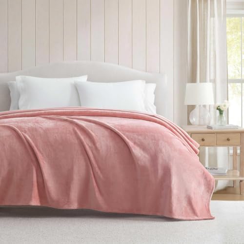 Image of Martha Stewart - King Size Blanket, Ultra-Soft Plush Fleece Throw Blanket with Double-Needle Stitching, 350 GSM, Medium Weight Bedding for Bed or Couch (Bedford Solid Pink)