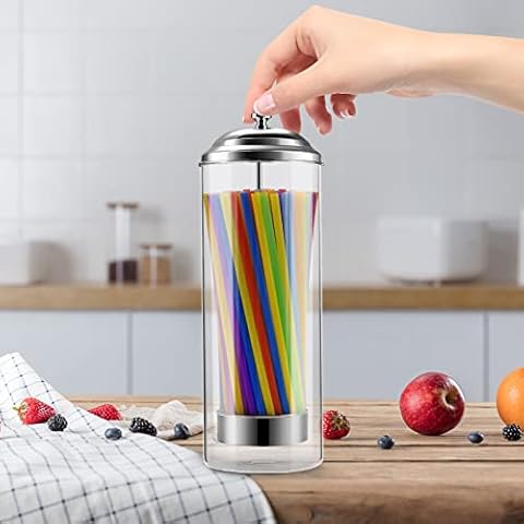Keedolla Glass Straw Dispenser with Stainless Steel Lid Cover